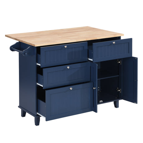 TOPMAX Farmhouse Kitchen Island Set with Drop Leaf and 2 Seatings,Dining Table Set with Storage Cabinet, Drawers and Towel Rack, Blue+Black+Brown - Home Elegance USA