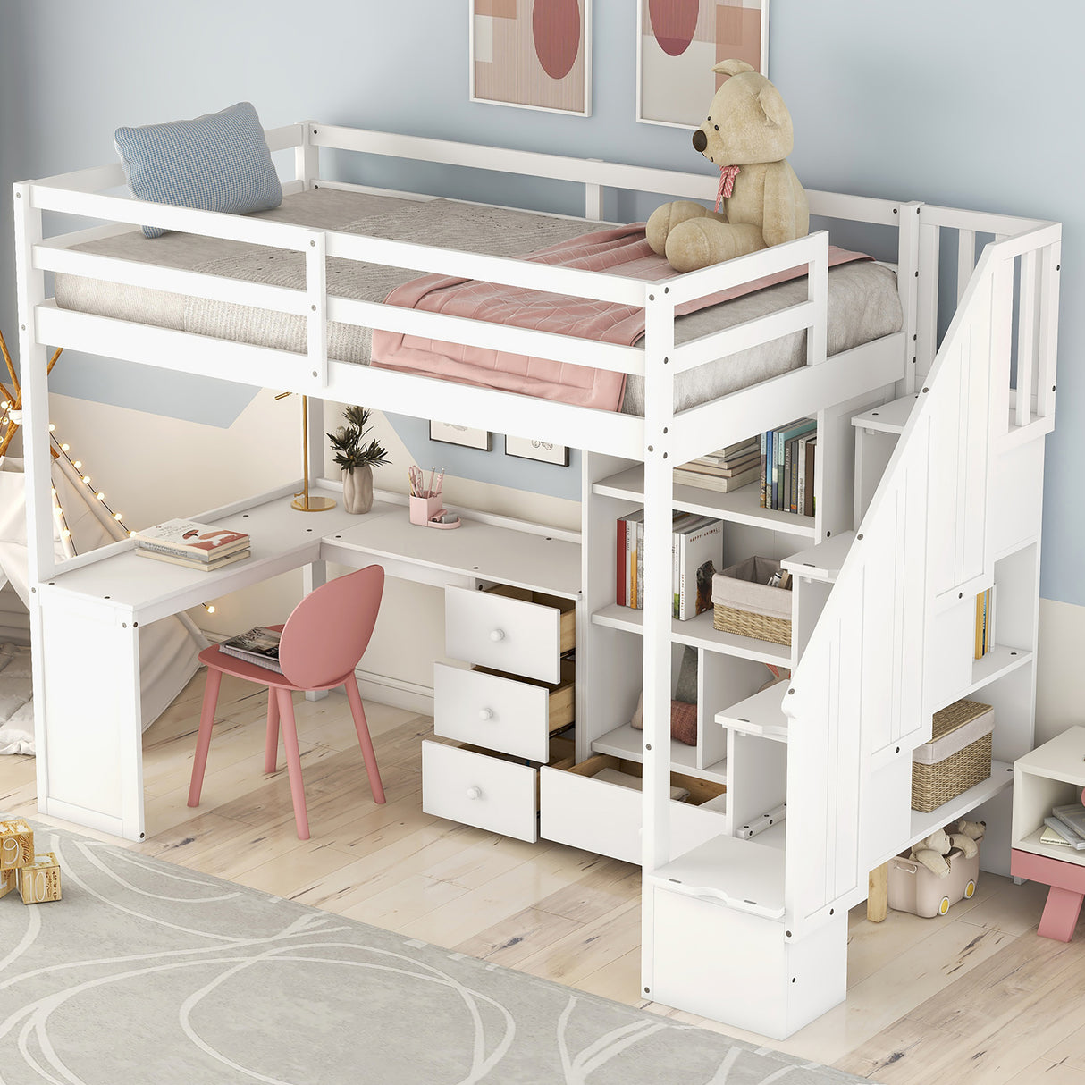 Twin Size Loft Bed with L-Shaped Desk and Drawers, Cabinet and Storage Staircase, White - Home Elegance USA