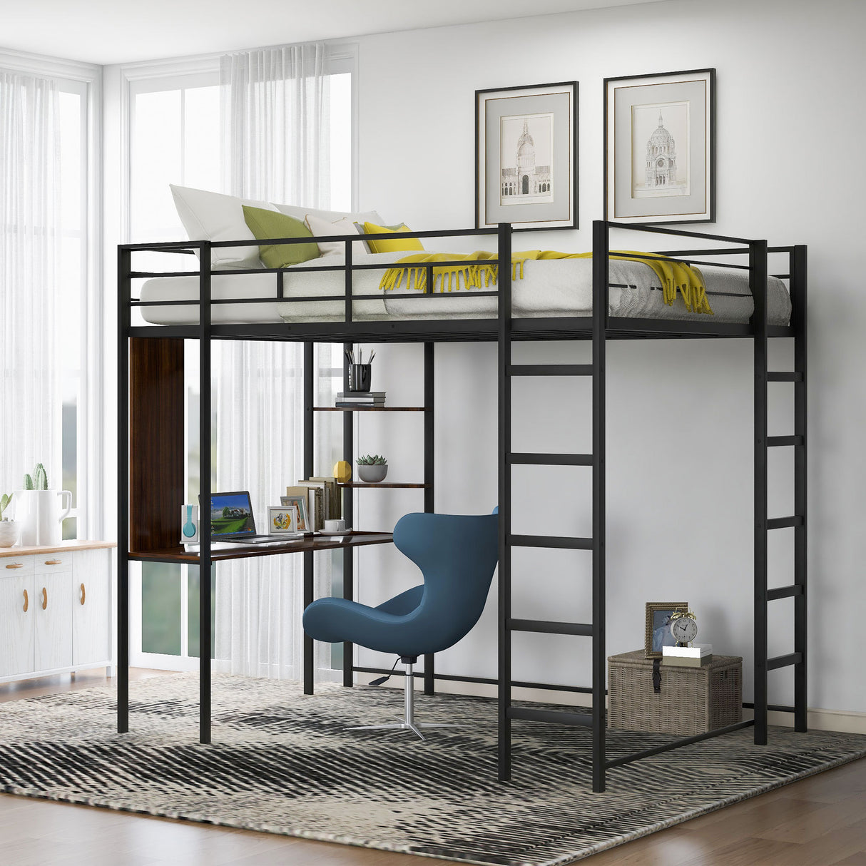 Full Size Metal Loft Bed with 2 Shelves and one Desk ,Black (Old SKU: LP000191AAB )