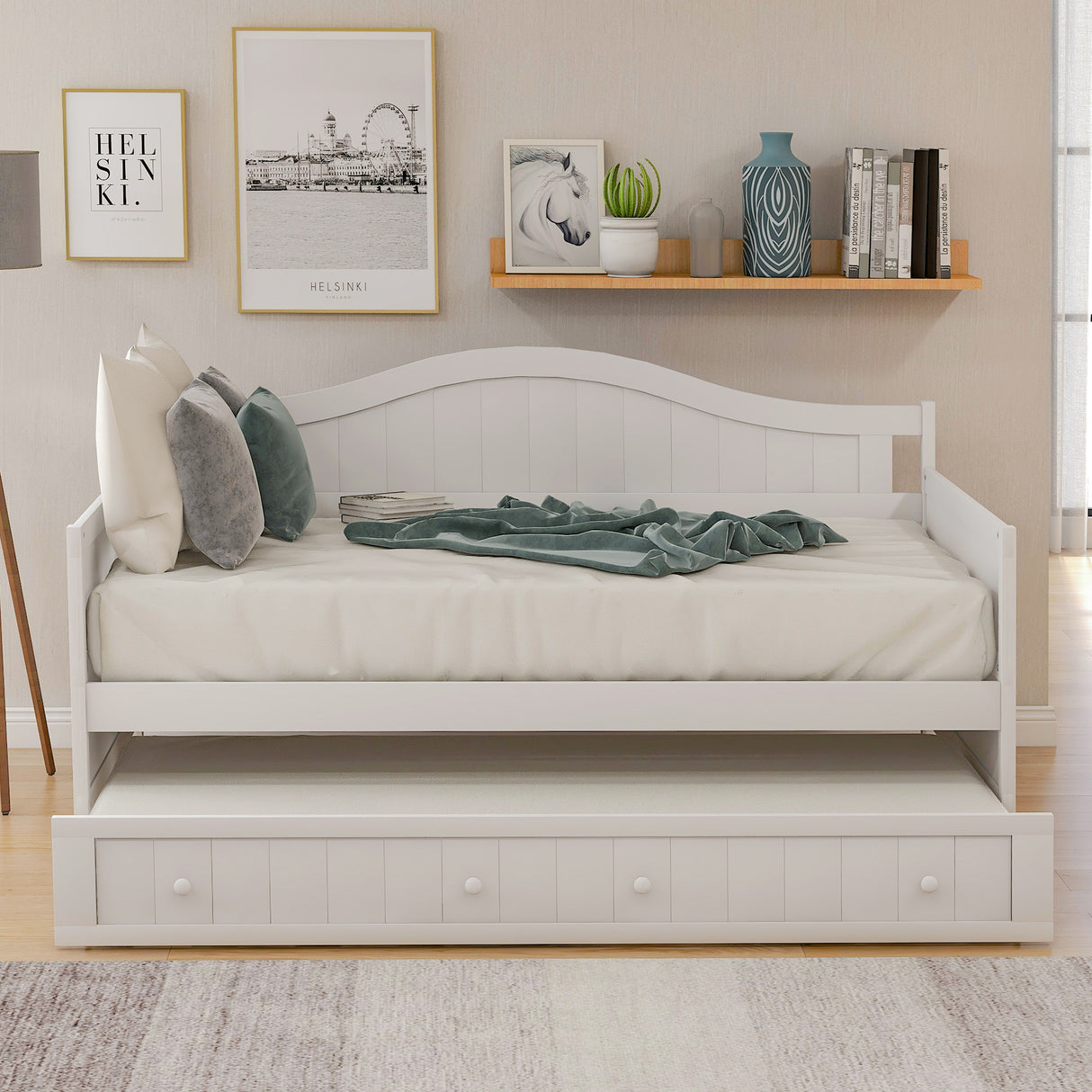 Twin Wooden Daybed with Trundle Bed, Sofa Bed for Bedroom Living Room,White - Home Elegance USA