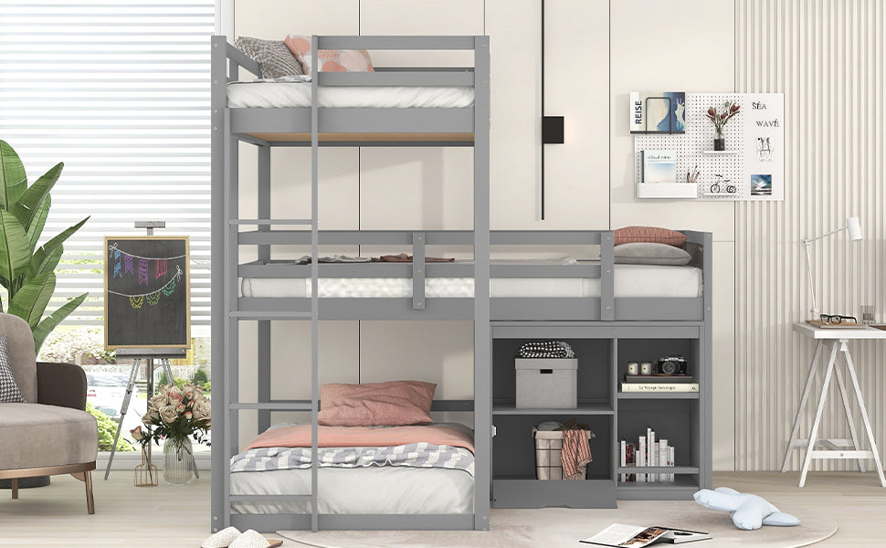 L-shaped Wood Triple Twin Size Bunk Bed with Storage Cabinet and Blackboard, Ladder, Gray - Home Elegance USA