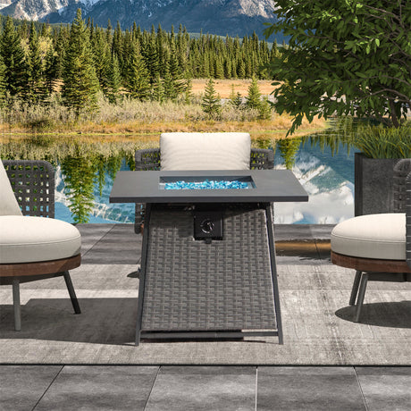 28 Inch Propane Fire Pits Table with Blue Glass Ball,50,000 BTU Outdoor Wicker Fire Table with ETL-Certified,2-in-1 Square Steel Gas Firepits (Dark Gray)