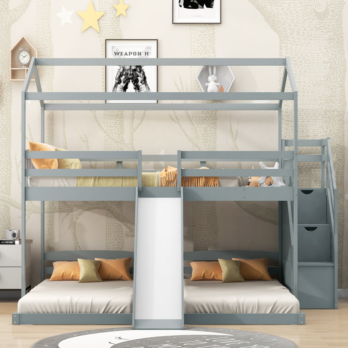 Full over Twin & Twin Bunk Bed,with Slide and Storage Staircase,Built-in Drawer and Shelf,Gray - Home Elegance USA