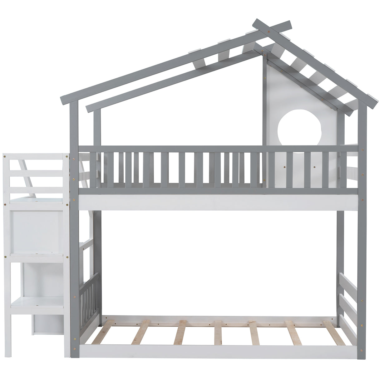 Stairway Twin-Over-Twin Bunk Bed,House Bed,Storage and Guard Rail,Gray Bed +White Stair - Home Elegance USA