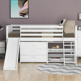 Low Loft Bed with Attached Bookcases and Separate 3-tier Drawers,Convertible Ladder and Slide,Twin,White - Home Elegance USA