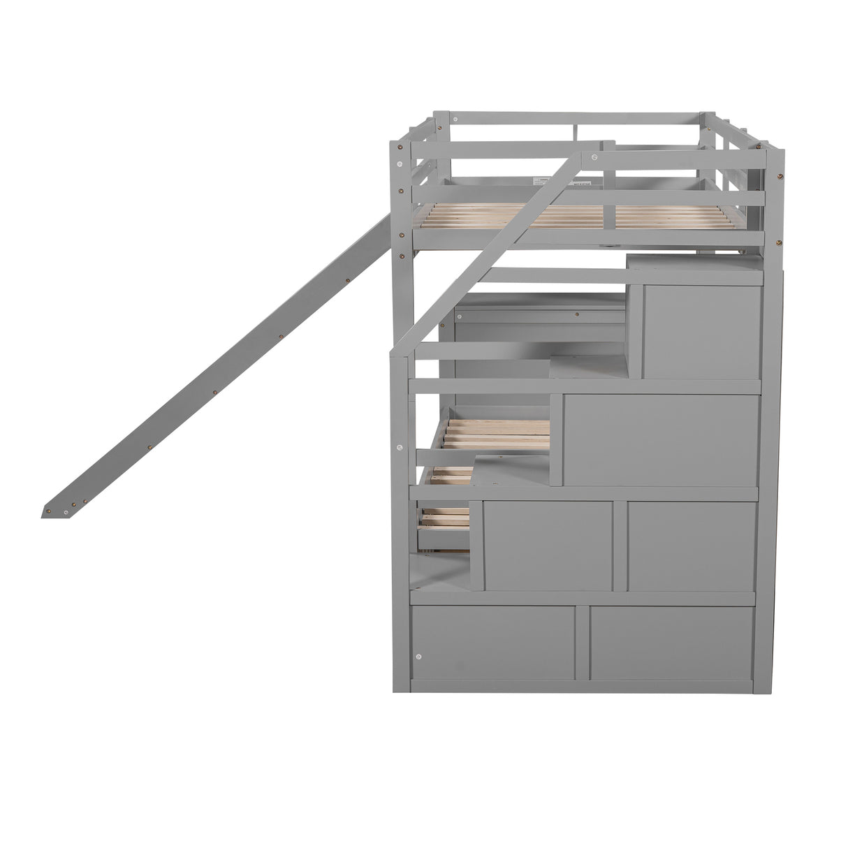 Twin over Twin Bunk Bed with Storage Staircase, Slide and Drawers, Desk with Drawers and Shelves, Gray - Home Elegance USA