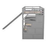 Twin over Twin Bunk Bed with Storage Staircase, Slide and Drawers, Desk with Drawers and Shelves, Gray - Home Elegance USA