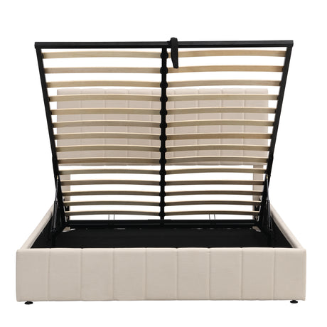 Queen size Upholstered Platform bed with a Hydraulic Storage System - Beige - Home Elegance USA