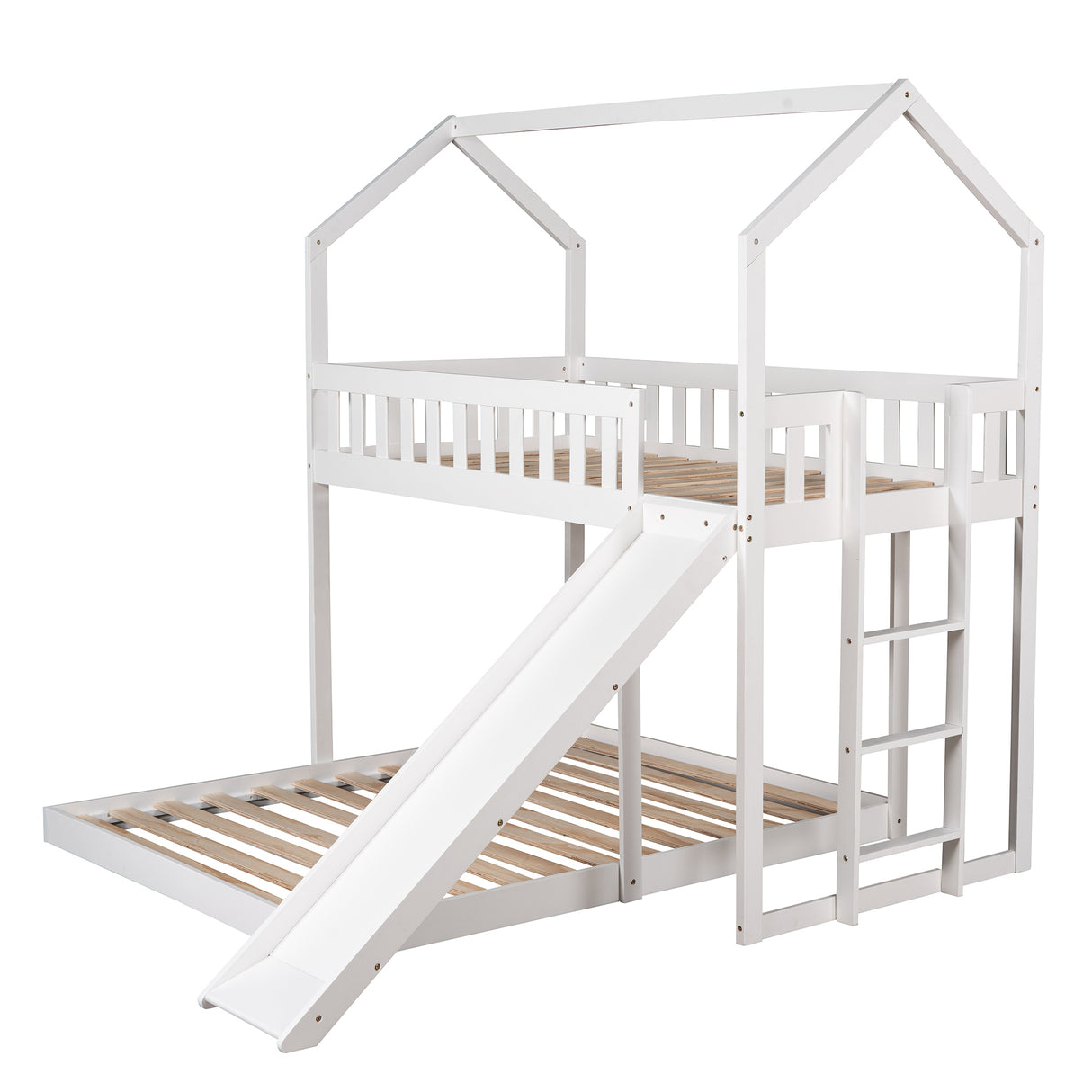 Twin over Full House Bunk Bed with Slide and Built-in Ladder,Full-Length Guardrail,White - Home Elegance USA