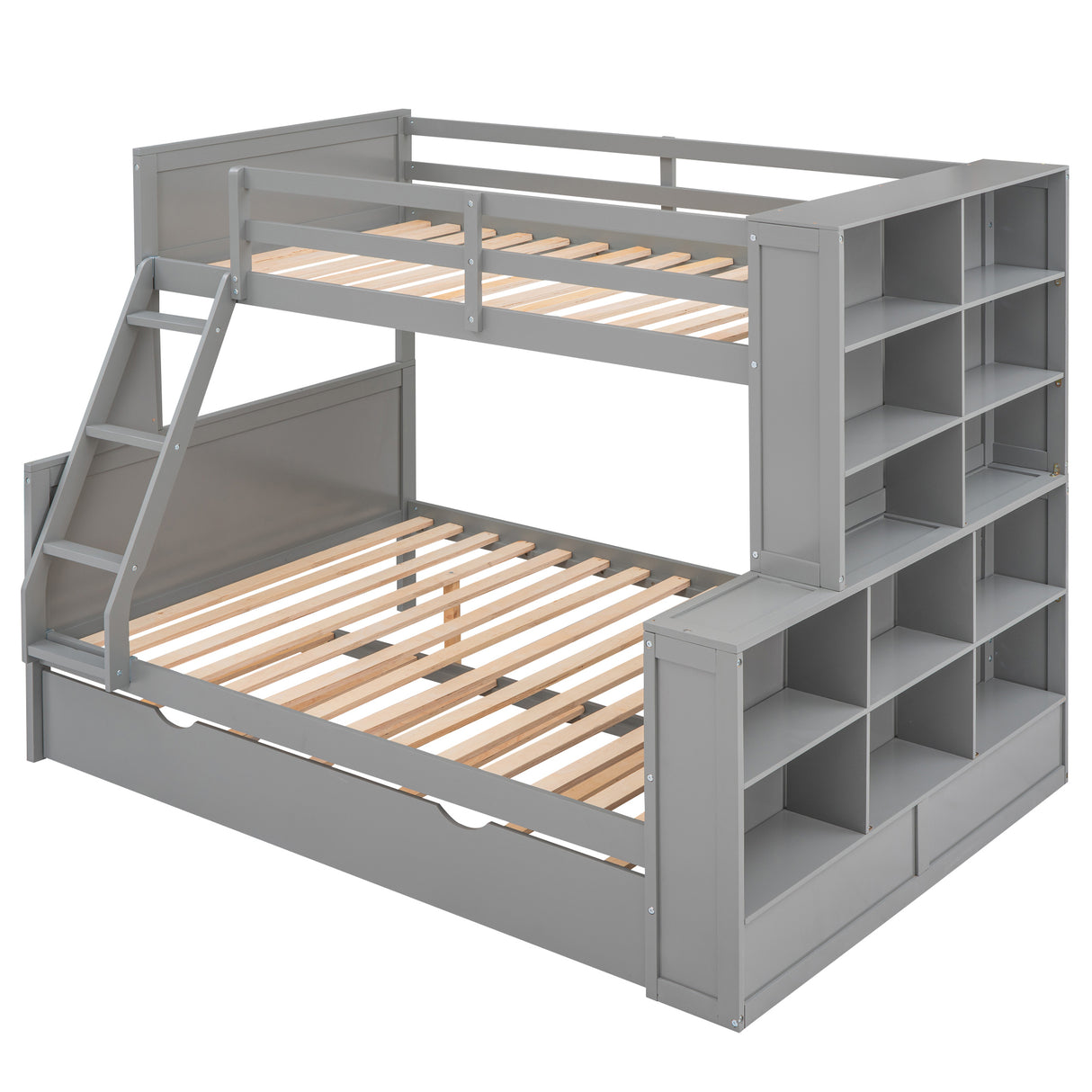 Twin over Full Bunk Bed with Trundle and Shelves, can be Separated into Three Separate Platform Beds, Gray - Home Elegance USA