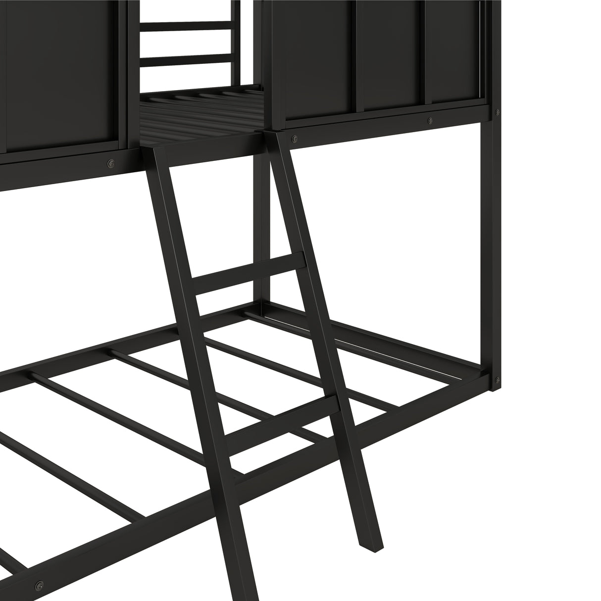 Twin over Twin Size Metal Low Bunk Beds with Roof and Fence-shaped Guardrail, Black - Home Elegance USA