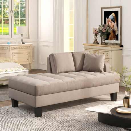 [New+Video]64" Deep Tufted Upholstered Textured Fabric Chaise Lounge,Toss Pillow included,Living room Bedroom Use,Warm Grey