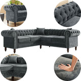 MH 80" Deep Button Tufted Upholstered Roll Arm Luxury Classic Chesterfield L-shaped Sofa 3 Pillows Included, Solid Wood Gourd Legs, Grey velvet - Home Elegance USA