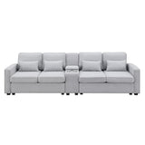 [VIDEO provided] [New] 114.2" Upholstered Sofa with Console, 2 Cupholders and 2 USB Ports Wired or Wirelessly Charged, Modern Linen Fabric Couches with 4 Pillows for Living Room, Apartment (4-Seat) Home Elegance USA