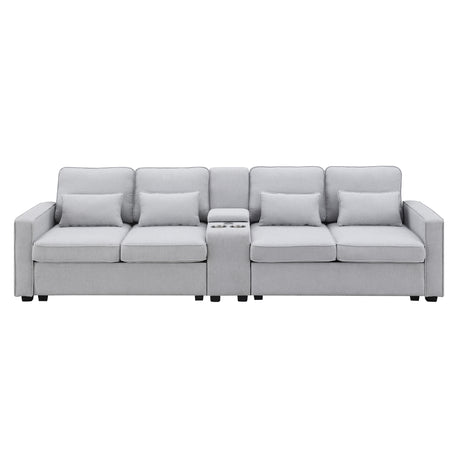 [VIDEO provided] [New] 114.2" Upholstered Sofa with Console, 2 Cupholders and 2 USB Ports Wired or Wirelessly Charged, Modern Linen Fabric Couches with 4 Pillows for Living Room, Apartment (4-Seat) Home Elegance USA