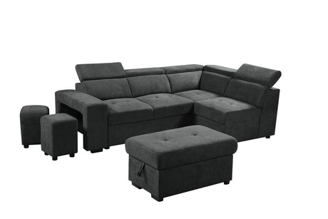 Henrik Dark Gray Sleeper Sectional Sofa with Storage Ottoman and 2 Stools - Home Elegance USA