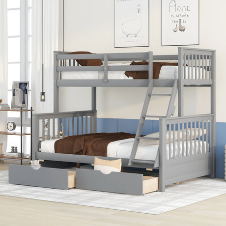 Twin-Over-Full Bunk Bed with Ladders and Two Storage Drawers(Gray)( old sku:LT000165AAE） - Home Elegance USA