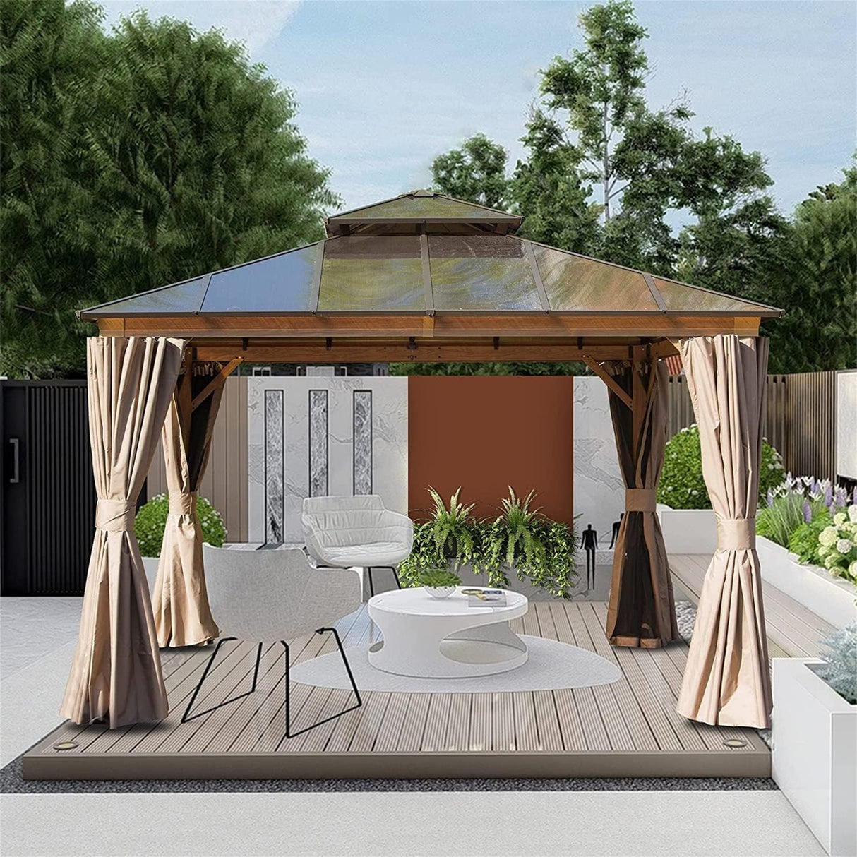 12'x12' Hardtop Gazebo, Permanent Outdoor Gazebo with Polycarbonate Double Roof, Aluminum Gazebo Pavilion with Curtain and Net for Garden, Patio, Lawns, Deck, Backyard(Wood - Looking) - W1859S00024 - image - 2