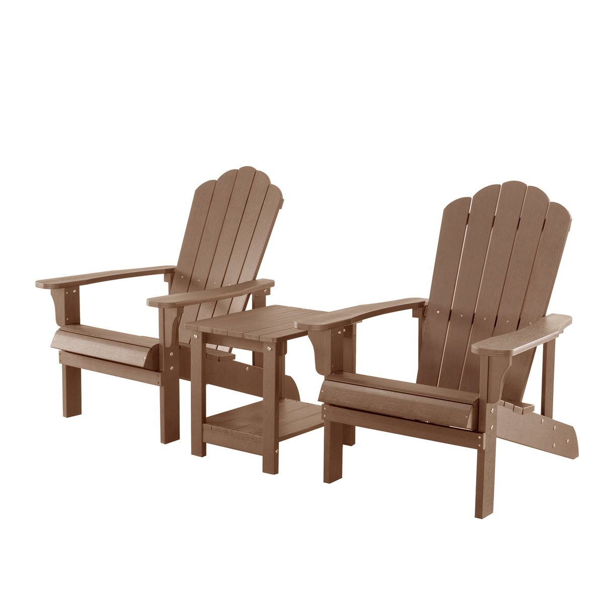 Key West 3 Piece Outdoor Patio All-Weather Plastic Wood Adirondack Bistro Set, 2 Adirondack chairs, and 1 small, side, end table
set for Decks, Backyards, Gardens, Lawns, Poolside, and Beaches, Brown
