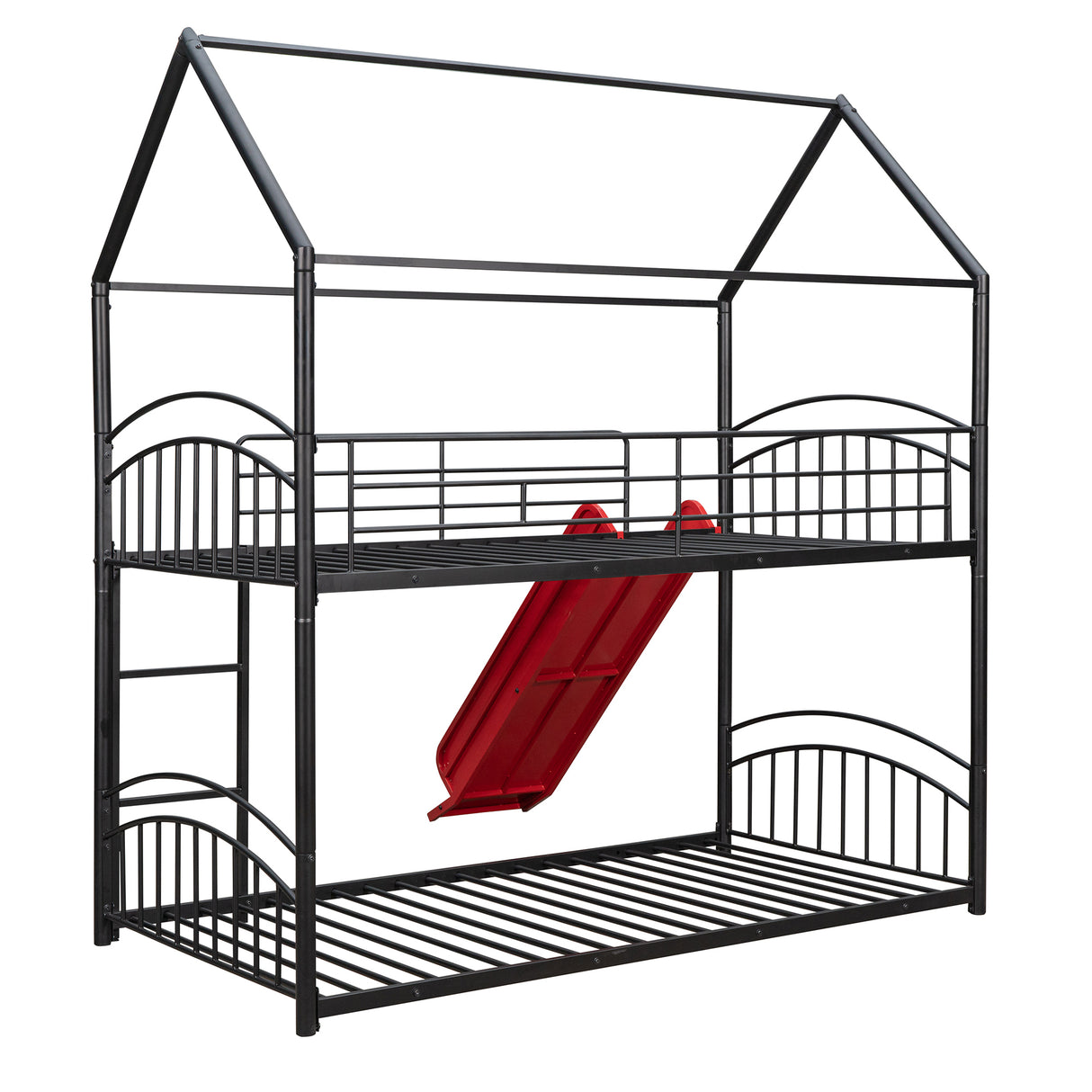 Twin Over Twin Metal Bunk Bed With Slide,Kids House Bed Black+Red - Home Elegance USA