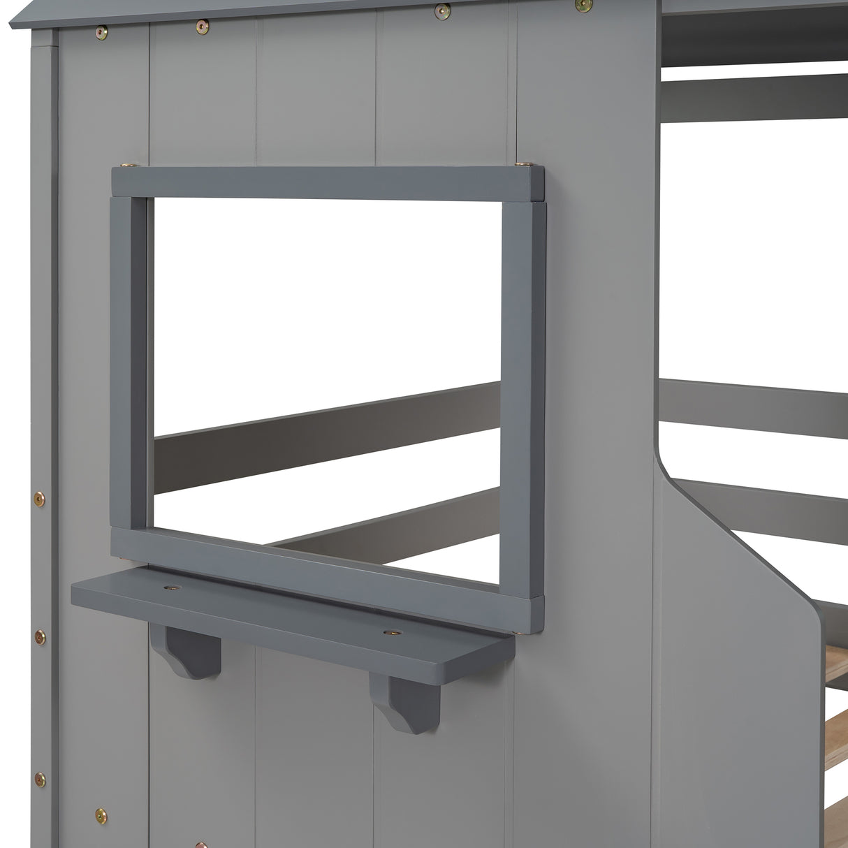 Twin Over Twin Bunk Bed Wood Bed with Roof, Window, Guardrail, Ladder (Gray)(OLD SKU :LP000045AAE) - Home Elegance USA