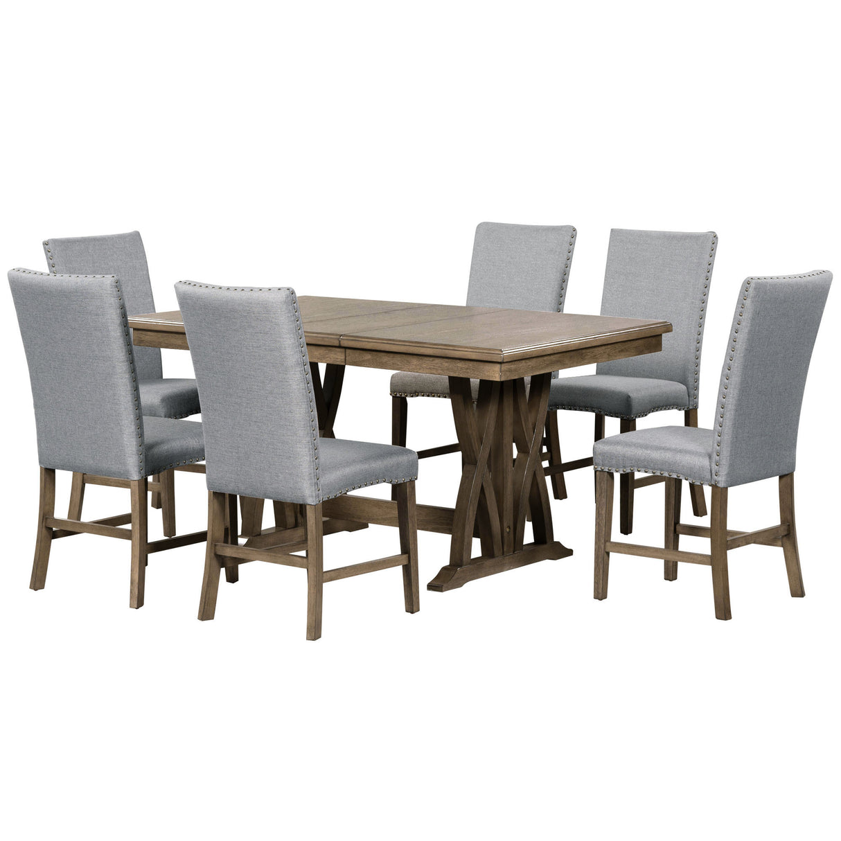 TOPMAX Mid-Century Solid Wood 7-Piece Dining Table Set Extendable Kitchen Table Set with Upholstered Chairs and 12" Leaf for 6, Golden Brown+Gray Cushion - Home Elegance USA