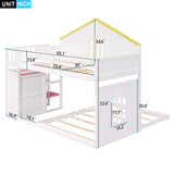 Twin over Full House Bunk Bed with Pink Staircase and Drawer,  Shelves Under the Staircase, House Shaped Bed with Windows, White - Home Elegance USA