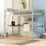 Full Size Loft Metal&MDF Bed with Desk and Shelf, Silver