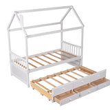 Twin size Wooden House Bed with Trundle and 3 Storage Drawers-White - Home Elegance USA