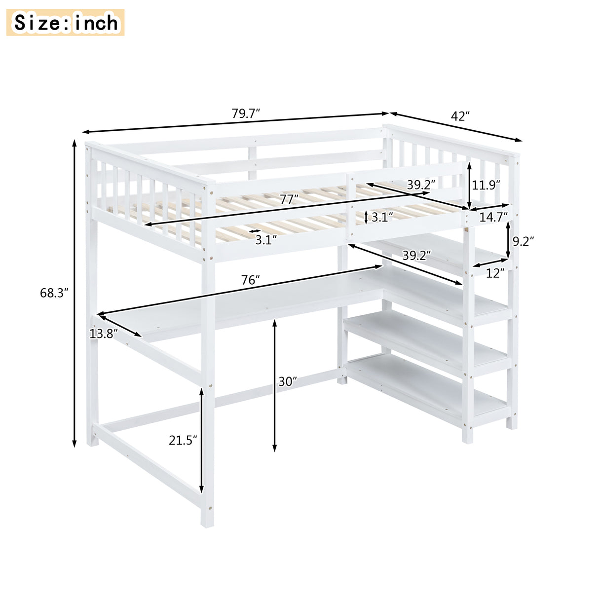 Twin Size Loft Bed with Storage Shelves and Under-bed Desk, White - Home Elegance USA