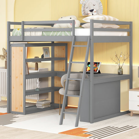 Full Size Loft Bed with Ladder, Shelves, and Desk, Gray - Home Elegance USA