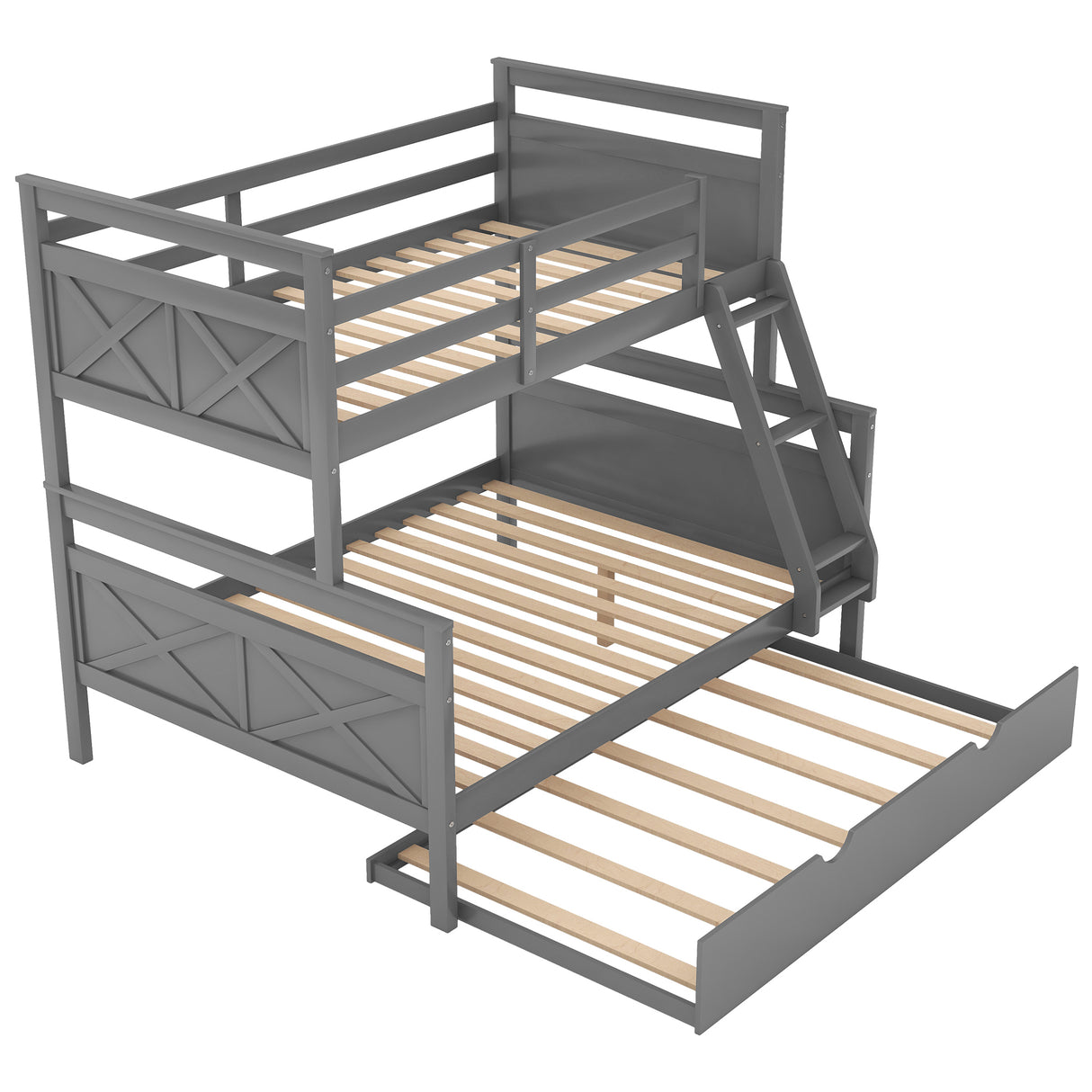 Twin over Full Bunk Bed with Ladder, Twin Size Trundle, Safety Guardrail, Gray - Home Elegance USA