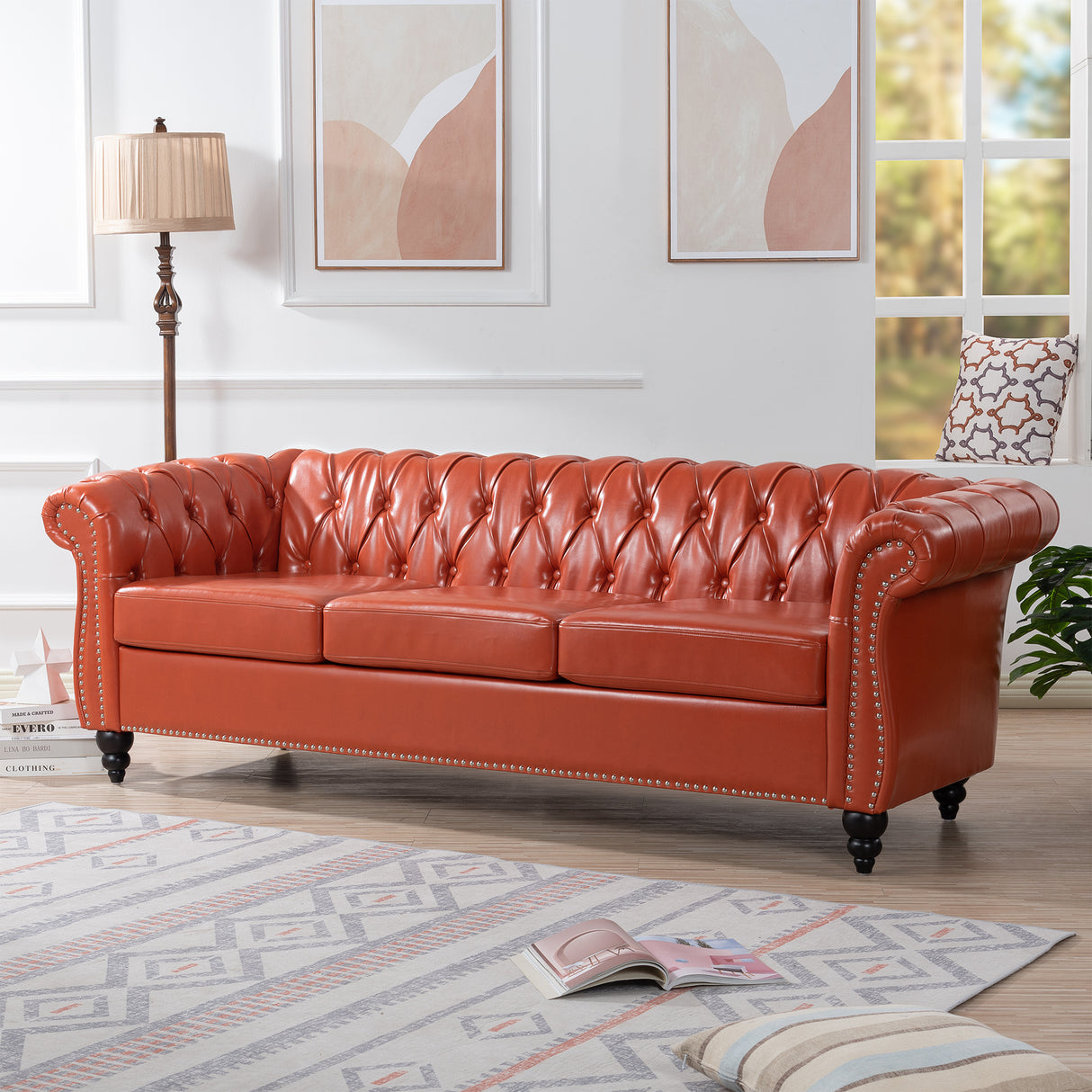 84.65" Rolled Arm Chesterfield 3 Seater Sofa - W68056682 - image - 3