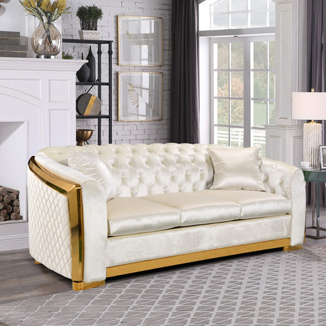 Velvet Luxury Chesterfield Sofa Set, 84 Inches Tufted 3 Seat Couch with Gold Stainless for Living Room, Beige Fabric - Home Elegance USA