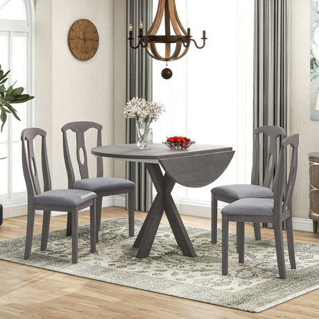 TOPMAX Rustic Farmhouse 5-Piece Wood Round Dining Table Set for 4, Kitchen Furniture with Drop Leaf and 4 Padded Dining Chairs for Small Places, Grey - Home Elegance USA