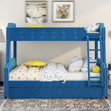 Twin over Full Upholstered Bunk Bed with Trundle and Ladder,Tufted Button Design,Blue - Home Elegance USA