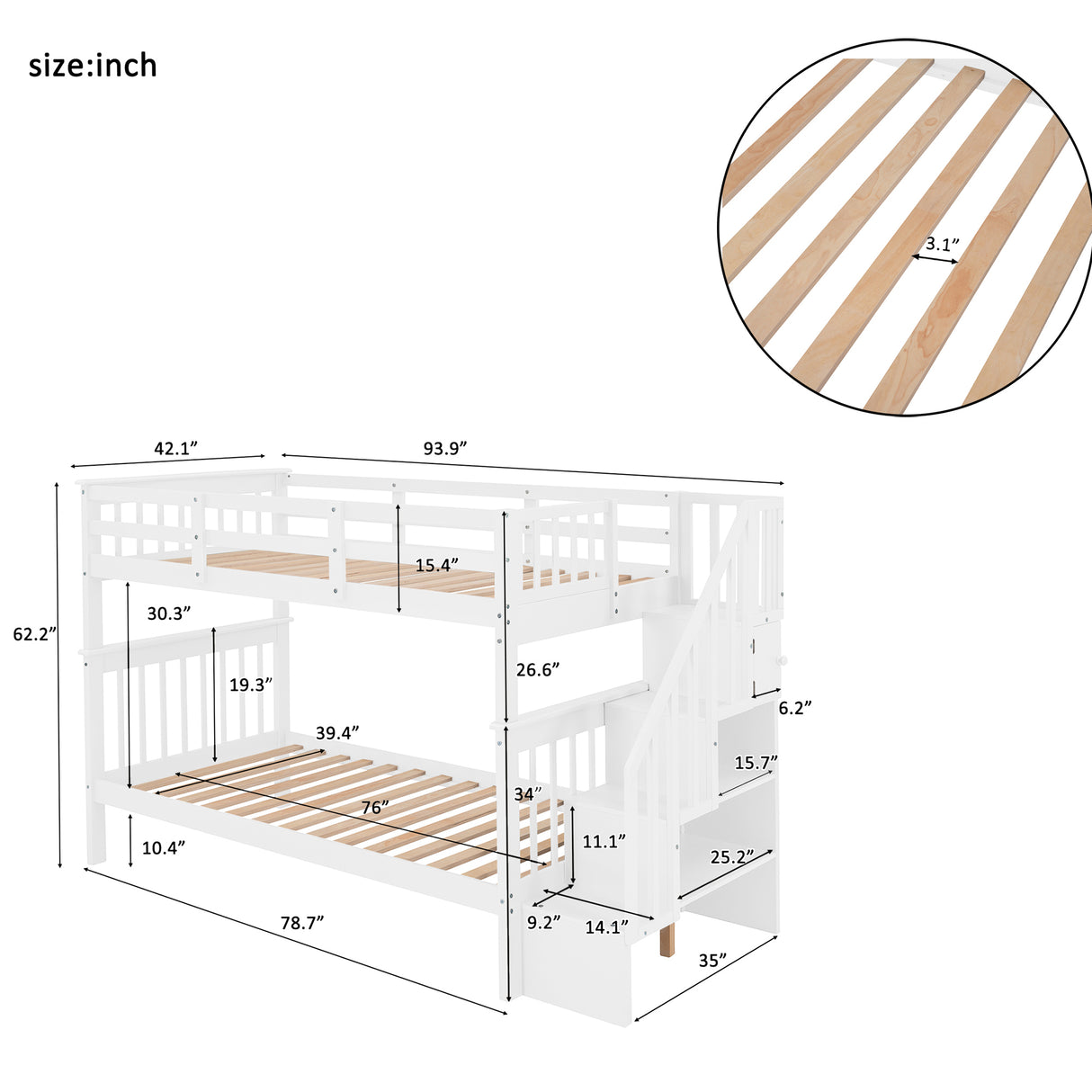 Stairway Twin-Over-Twin Bunk Bed with Storage and Guard Rail for Bedroom, Dorm, White color(OLD SKU :LP000109AAK) - Home Elegance USA