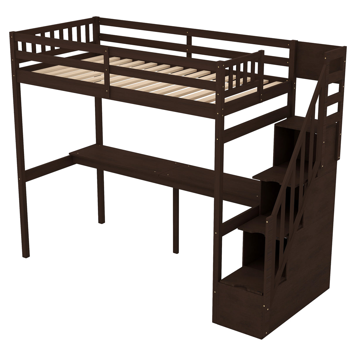 Twin Size Loft Bed with Storage Staircase and Built-in Desk, Espresso (Old SKU:GX000903AAP) - Home Elegance USA