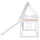 Wood Twin Size House Bunk Bed with Roof, Ladder and Slide, White+Brown