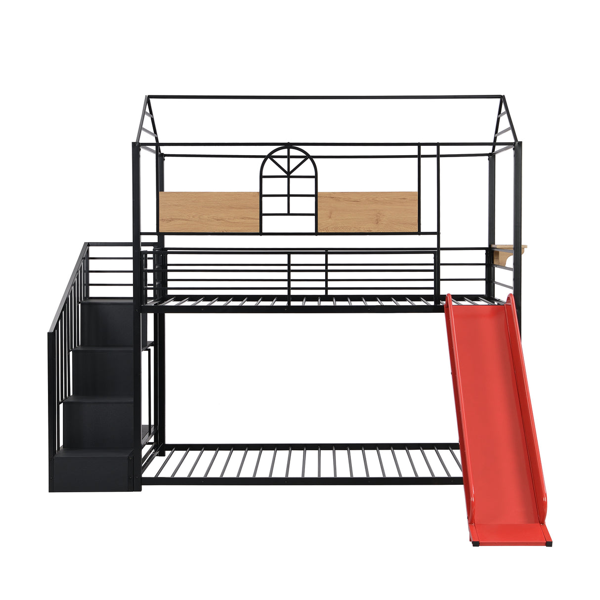 Twin Over Twin Metal Bunk Bed ,Metal Housebed with Slide and Storage Stair,Black with Red Slide(OLD SKU:LP000195AAJ) - Home Elegance USA