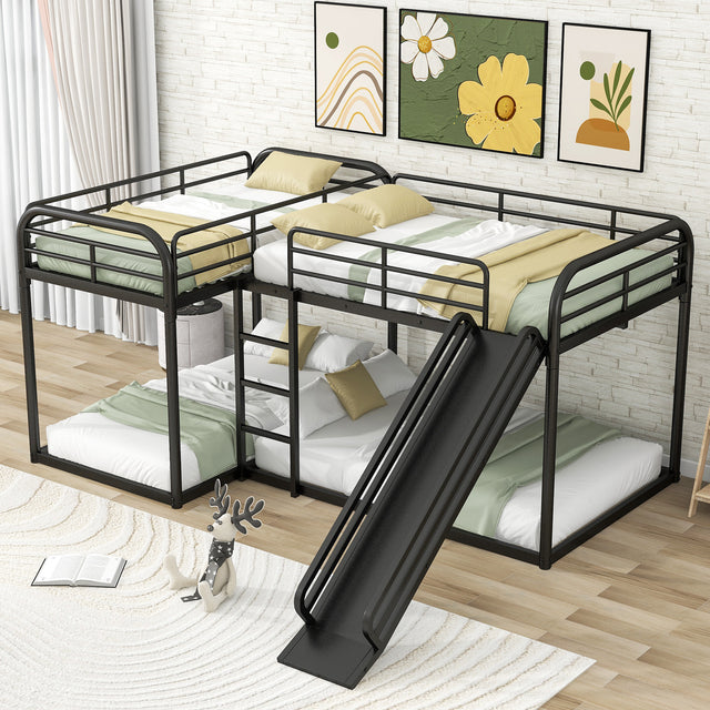 Full and Twin Size L-Shaped Bunk Bed with Slide and Short Ladder, Black - Home Elegance USA