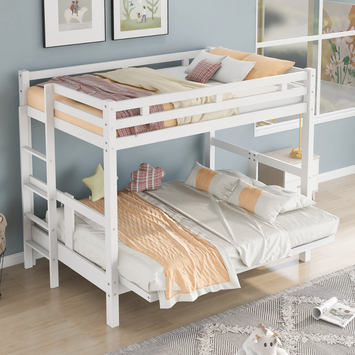 Twin over Full Bunk Bed,Down Bed can be Converted into Daybed,White(Box 2 of SM001309AAK, not sold separately) - Home Elegance USA