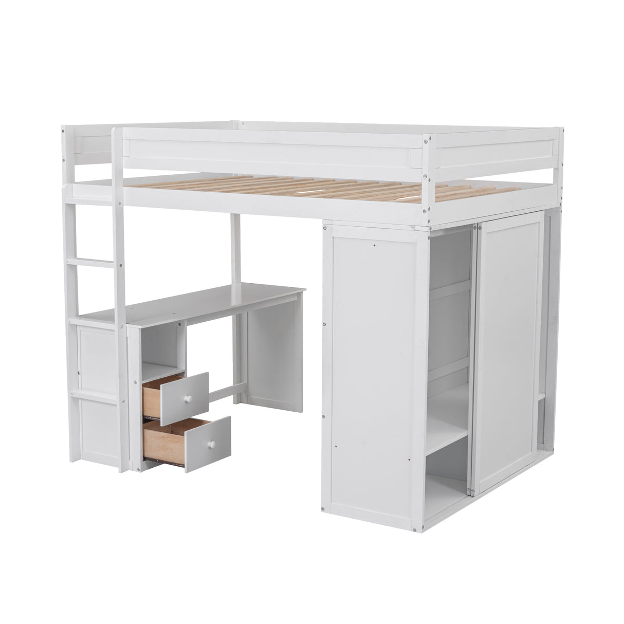 Wood Full Size Loft Bed with Wardrobes and 2-Drawer Desk with Cabinet, White - Home Elegance USA