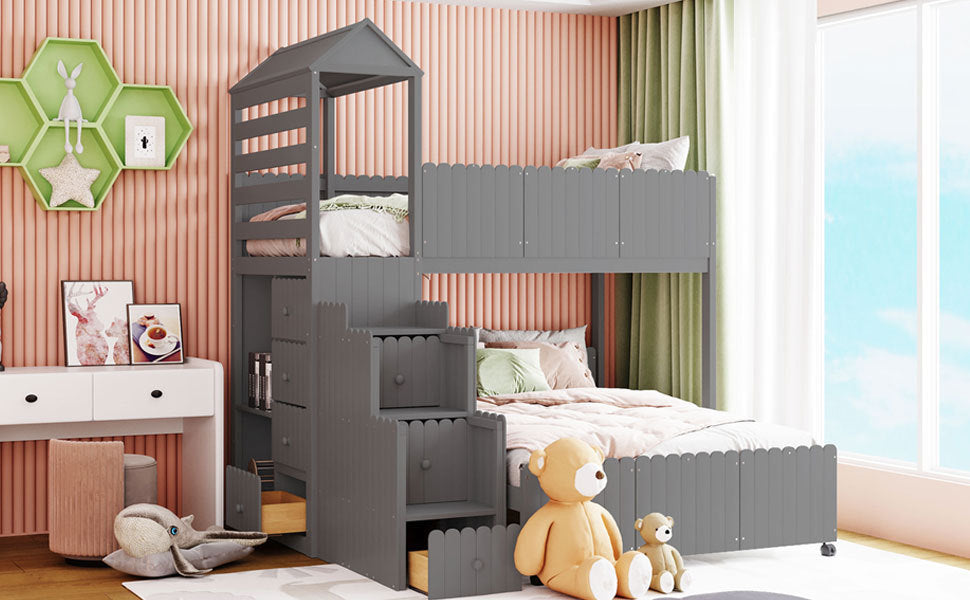 Stairway Twin Over Full Bunk Bed, House Bed with Two Shelves and Seven Drawers,Gray - Home Elegance USA