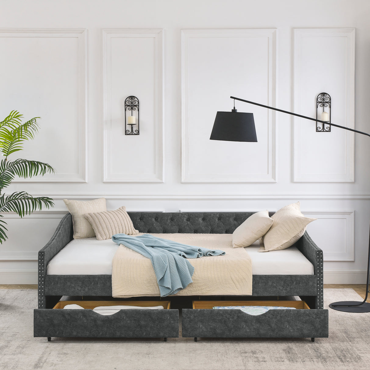 Queen Size Daybed with Drawers Upholstered Tufted Sofa Bed,,with Button on Back and Copper Nail on Waved Shape Arms, Grey (84.5"x63.5"x26.5") Home Elegance USA