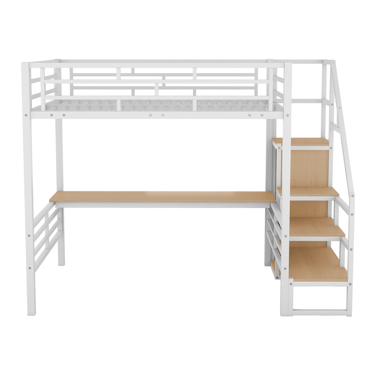 Full Size Metal Loft Bed with Desk, Storage Staircase and Small Wardrobe, Storage stairs can be installed left and right, White - Home Elegance USA