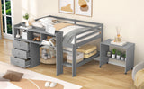 Full Size Low Loft Bed with Rolling Portable Desk, Drawers and Shelves,  Gray - Home Elegance USA