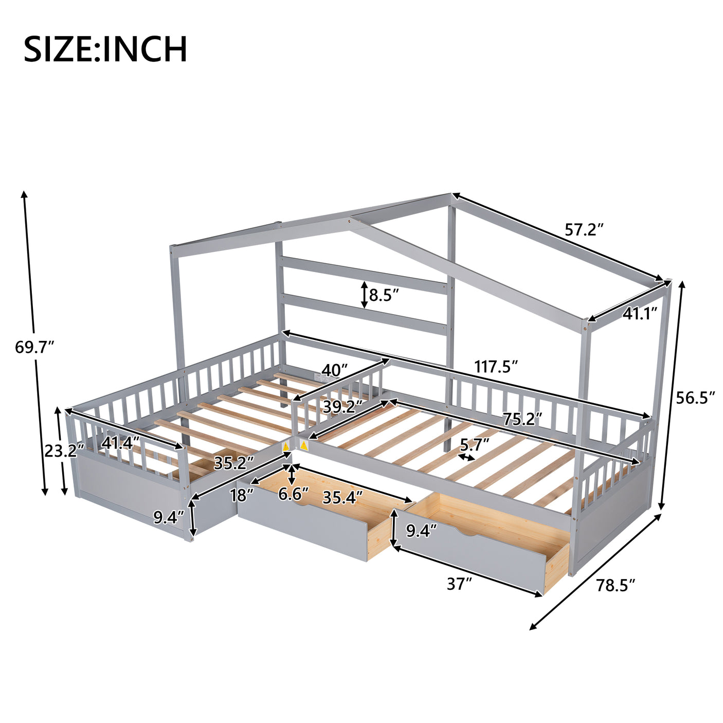 Twin Size House Platform Bed with Three Storage Drawers,Gray - Home Elegance USA