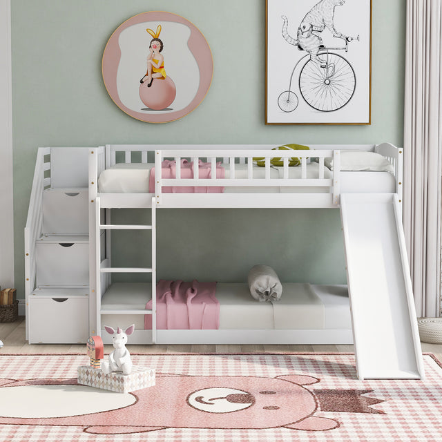 Stairway Twin over Twin Bunk Bed with Two Drawers and Slide, White(OLD SKU :LT000155AAK) - Home Elegance USA