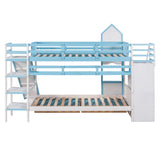 Twin-Over-Twin Castle Style Bunk Bed with 2 Drawers 3 Shelves and Slide - Blue